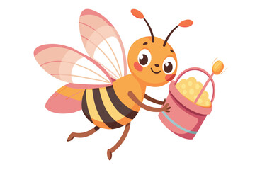 Fototapeta premium A cartoon bee is holding a bucket of honey