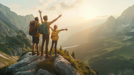 Parents and child, arms uplifted in happiness, a top a towering mountain, gazing at a stunningly beautiful landscape illuminated