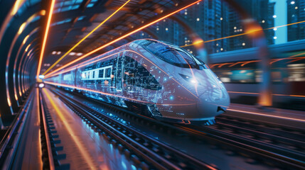 A futuristic train traveling at high speed through a tunnel with dynamic lighting, embodying modern, efficient public transportation against an urban skyline backdrop.