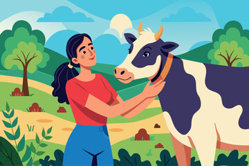 A woman is petting a cow in a field