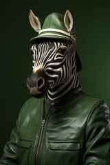 Obraz premium A zebra wearing a green leather jacket and hat.