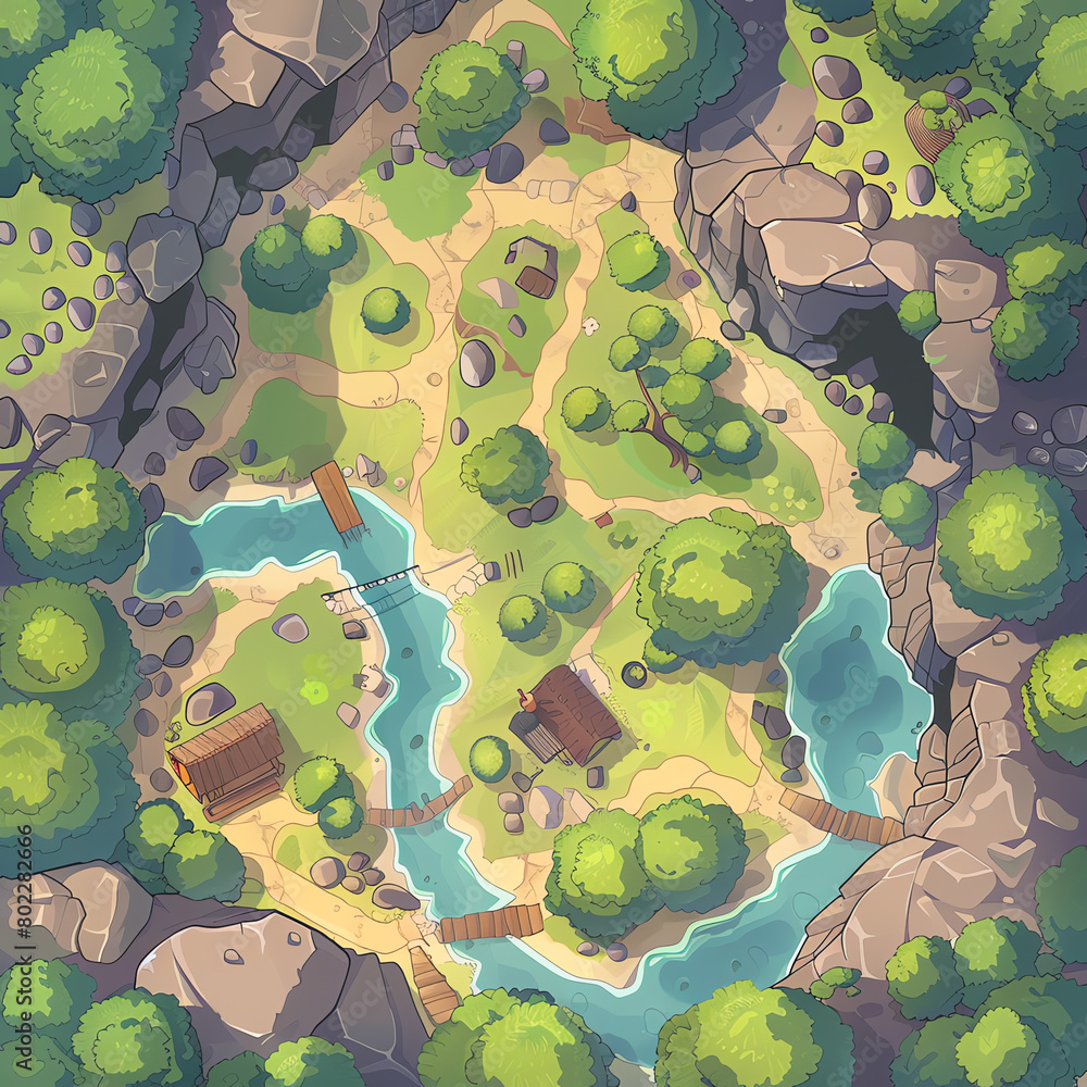 Poster aerial view of a lush forest landscape with a winding river and pathways, surrounded by rocks and tr