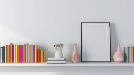 White shelves with Colorful books, light white interior of living room or cabinet in house. 