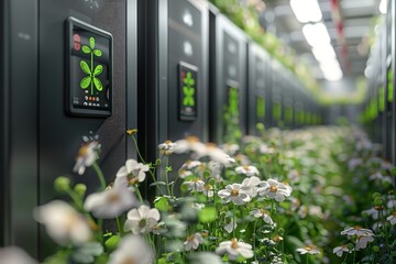 An intriguing juxtaposition of a server room wall with a digital green leaf symbol and surrounding blooming flowers