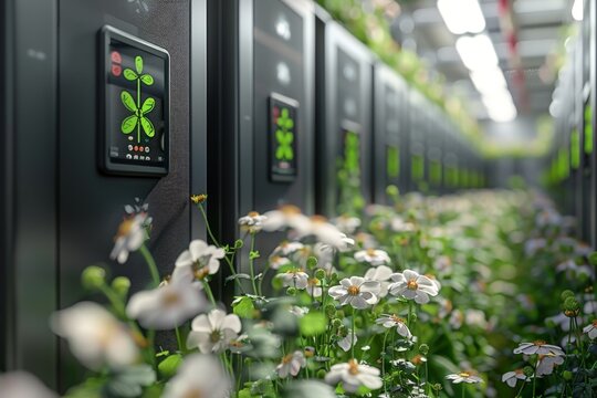 An intriguing juxtaposition of a server room wall with a digital green leaf symbol and surrounding blooming flowers - Powered by Adobe