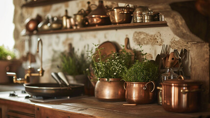 A close-up photograph of a rustic French farmhouse kitchen, with copper cookware, fresh herbs, and...