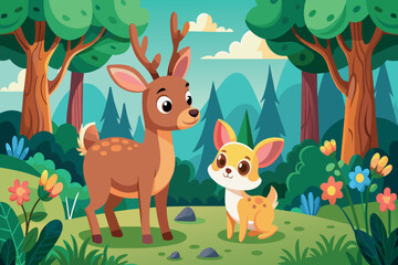 A cartoon of a deer and a dog standing in a forest
