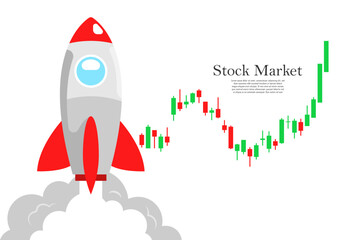 Flying rocket with candlestick chart on isolated background, Digital marketing illustration.