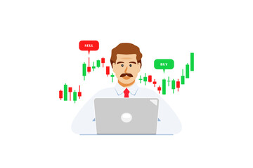 Businessman trading stock market with laptop on isolated background, Vector illustration.