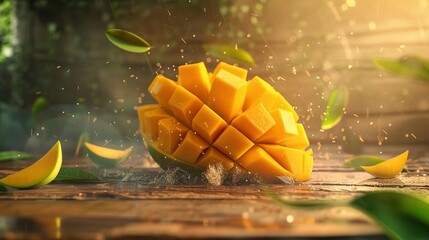 A photo of a mango cut in half with water droplets flying around it.