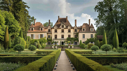Fototapeta na wymiar A photograph capturing the elegance of a traditional French ch??teau, surrounded by manicured gardens and reflecting the architectural grandeur of France's historical estates