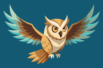 A cartoon owl with blue and brown wings is flying in the sky