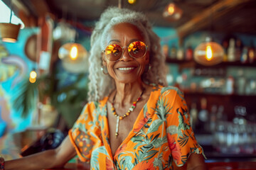 Obraz premium Elderly African American woman at a beach bar, sipping a cocktail while soaking up the summer vibes.