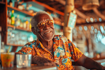 Elderly African American man at a beach bar, enjoying a drink, experiencing the warmth of summer.