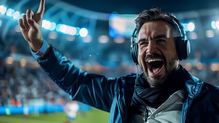 Football commentators emotionally broadcast football matches online. Competition. Sports news, information. Football fan. Profession concept.