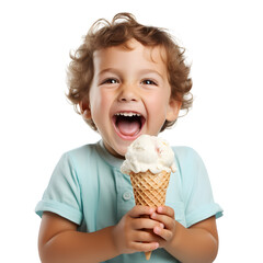 A kid eating a cone ice cream with very happy laughing face looking into the camera