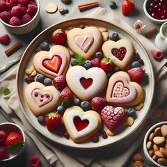 A close up of a plate of cookies with hearts and berries, baking artwork