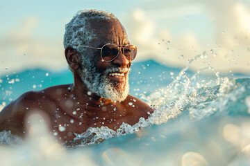 Senior african american person swimming in the sea, indulging in the tranquility of ocean relaxation.