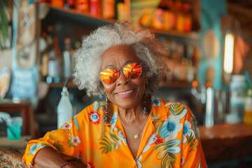 Obraz premium Retirement person at a beach bar, relishing in the leisure of a sunny holiday.