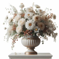 A vase with flowers on a table on a white background