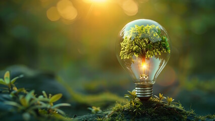Tree growing in light bulb. conceptual design in environment or energy background concept. 