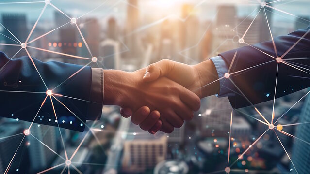 People shaking hands and communication network concept. Digital technology, internet communication, teamwork, partnership concept.