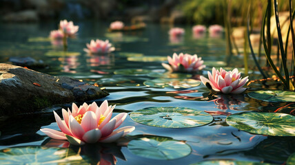 A tranquil pond surrounded by lotus flowers, their petals opening and closing in a rhythmic dance, creating a serene and meditative spring scene