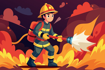 A firefighter is spraying water on a fire