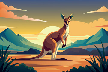 A kangaroo is standing in a grassy field with mountains in the background