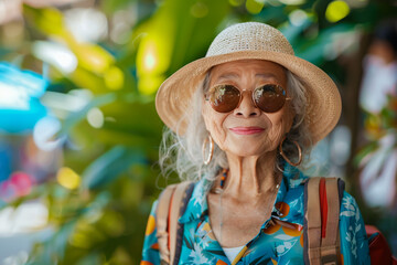 Old asian woman tourist on the beach, collecting seashells, exploring the shore, beachcombing.