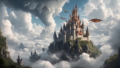 Imagine A Magical Castle In The Clouds  With Towers Reaching Towards The Sky And Dragons Circling Overhead    (1)