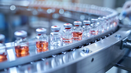 Manufacturing process of vaccine vials on an assembly line in a laboratory during the day