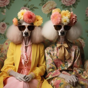 This vivid and creatively styled image features two anthropomorphic female poodles posed in a fashion forward setup.