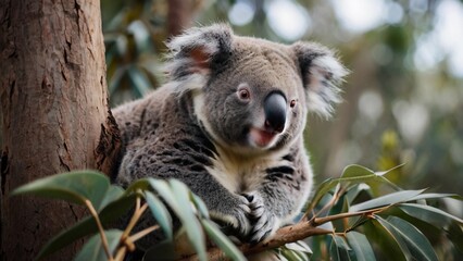 Fototapeta premium Koala sitting on the branch of a Eucalyptus tree