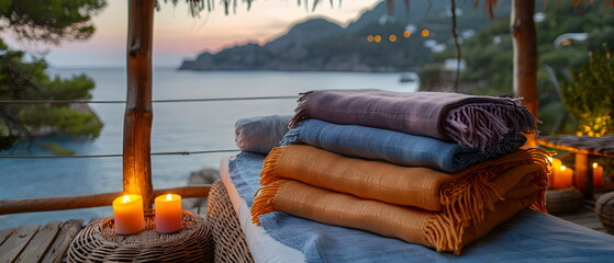 color soft cashmere blankets stacked in the center,  the blankets, restaurant summer terrace against the background of the sea, rattan furniture, Places to visit and relax the summer at the beach - Powered by Adobe