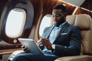 African american businessman in suit using tablet in airplane during business trip. Shallow depth of field