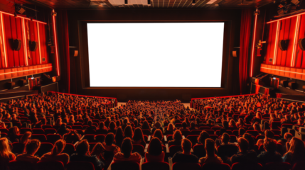 White, blank big cinema screen for mock up, in a movie theater filled with an audience