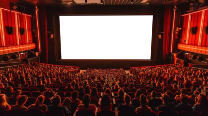 White, blank big cinema screen for mock up, in a movie theater filled with an audience © Mikhail