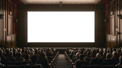 White, blank big cinema screen for mock up, in a movie theater filled with an audience