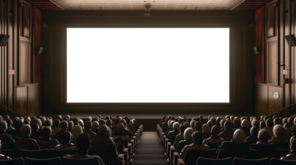 White, blank big cinema screen for mock up, in a movie theater filled with an audience