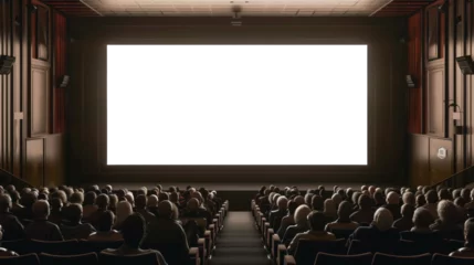 White, blank big cinema screen for mock up, in a movie theater filled with an audience © Mikhail