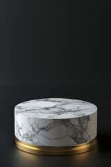 White marble cylindrical podium with gilded inlay on a dark background for product presentation. Mockup of pedestal