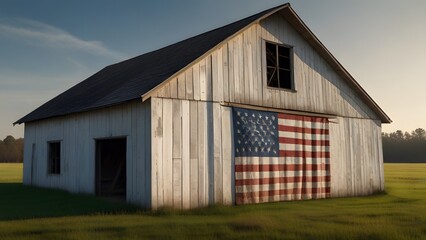 American Heritage: Weathered White Barn with Patriotic Flag
