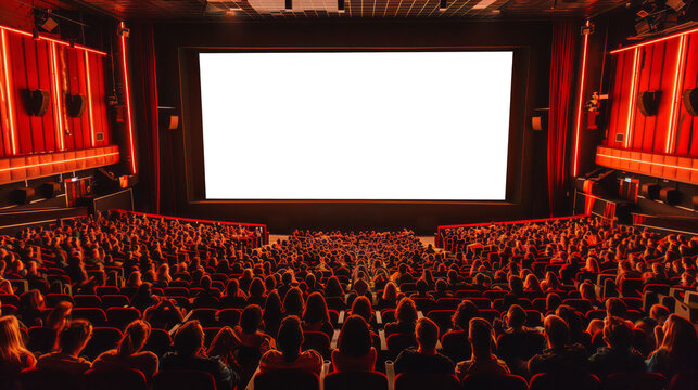 White, blank big cinema screen for mock up, in a movie theater filled with an audience