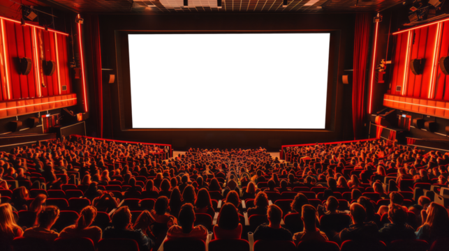 White, blank big cinema screen for mock up, in a movie theater filled with an audience