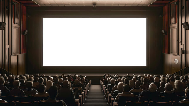 White, blank big cinema screen for mock up, in a movie theater filled with an audience
