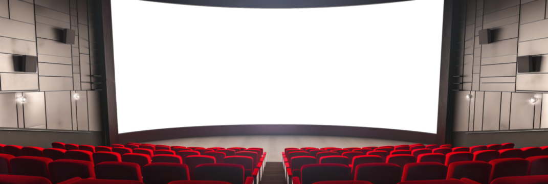 White, blank wide, curved cinema screen for mock up, in a movie theater with red seats - Powered by Adobe