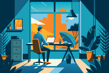 A man is sitting at a desk in a room with a window