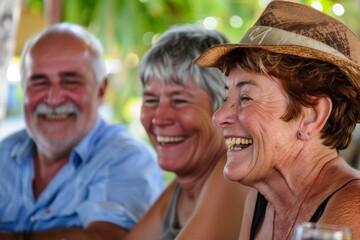 Portrait of happy senior couple having fun and laughing in the garden