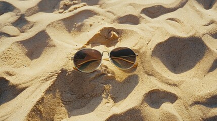 Fototapeta premium A fashionable pair of sunglasses made of transparent material sits atop a pile of sand on a beach, providing vision care and protection from the bright sunlight AIG50
